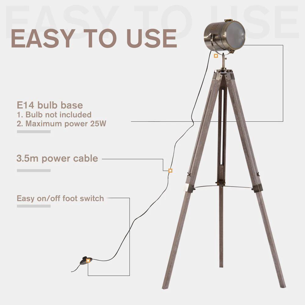 HOMCOM Tripod Floor Lamp, 65L,Wood/Bronze Colour - Uncategorized Lamp