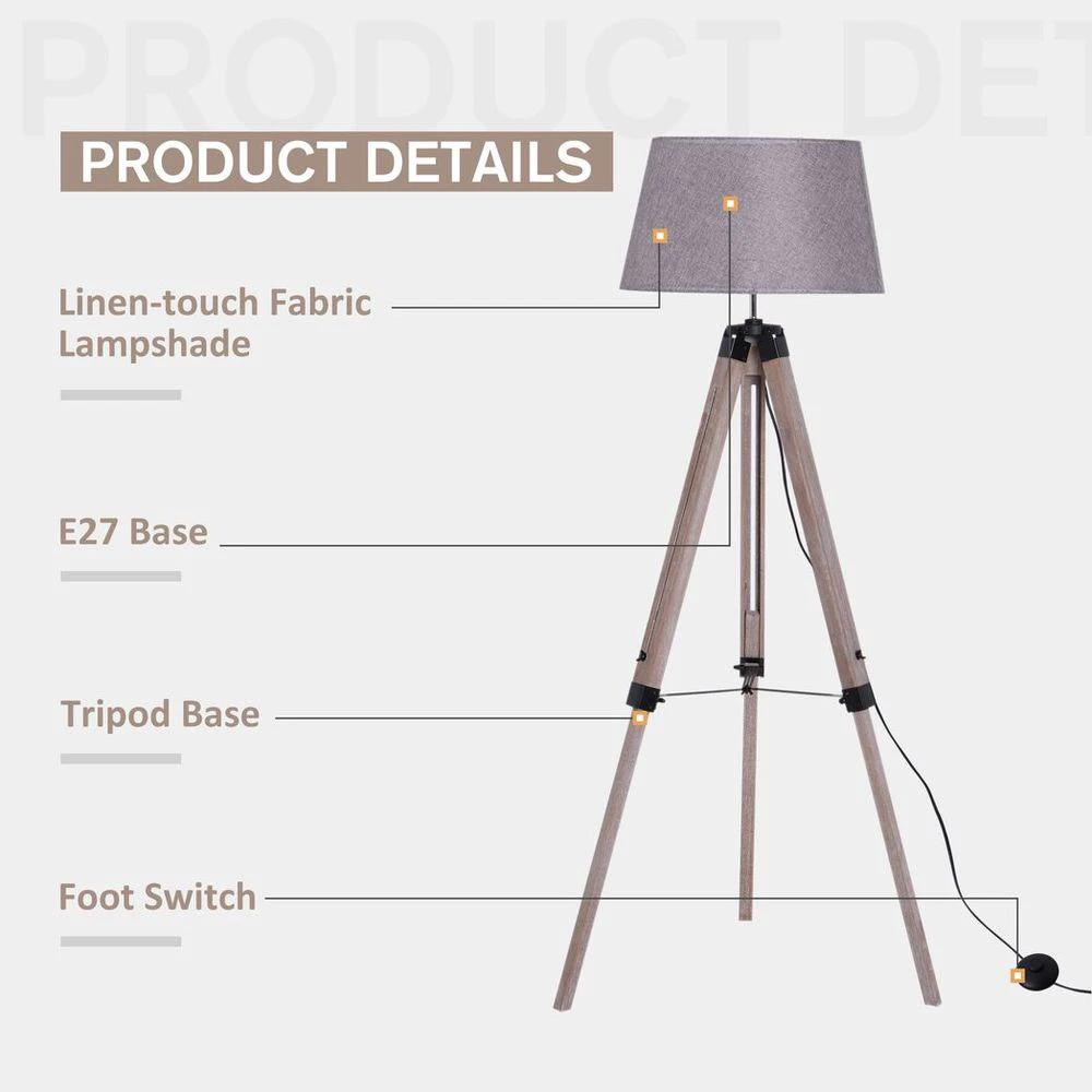 Tripod Floor Lamp Freestanding Bedside Light with Fabric Shade Grey by HOMCOM