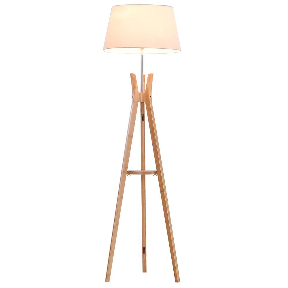 HOMCOM Tripod Floor Lamp Light E27 Base w/ Fabric Shade Storage Shelf, White - Uncategorized Lamp