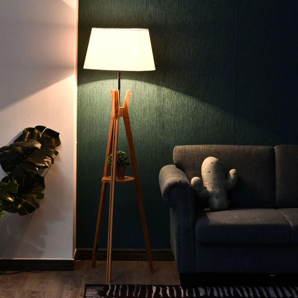 HOMCOM Tripod Floor Lamp Light E27 Base w/ Fabric Shade Storage Shelf, White - Uncategorized Lamp
