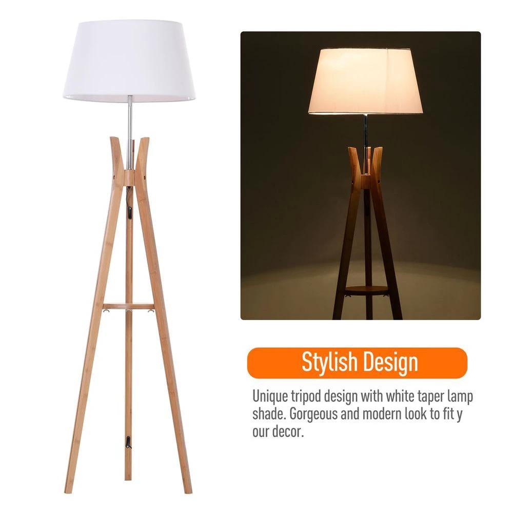 HOMCOM Tripod Floor Lamp Light E27 Base w/ Fabric Shade Storage Shelf, White - Uncategorized Lamp
