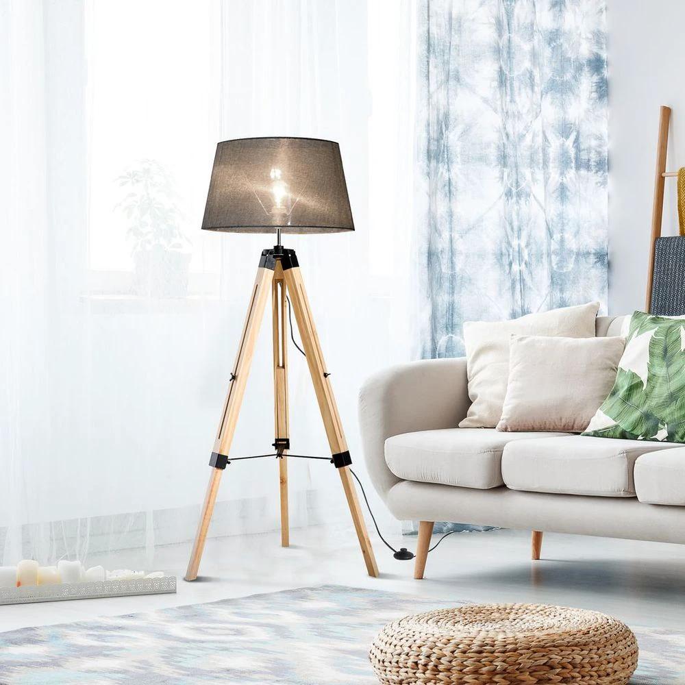 Tripod Floor Lamp w/ Linen Shade Pinewood Legs Adjustable Height Grey by HOMCOM