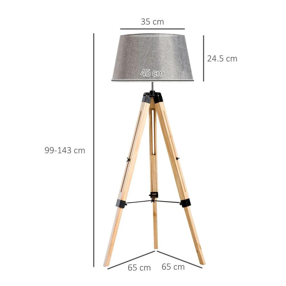 Tripod Floor Lamp w/ Linen Shade Pinewood Legs Adjustable Height Grey by HOMCOM