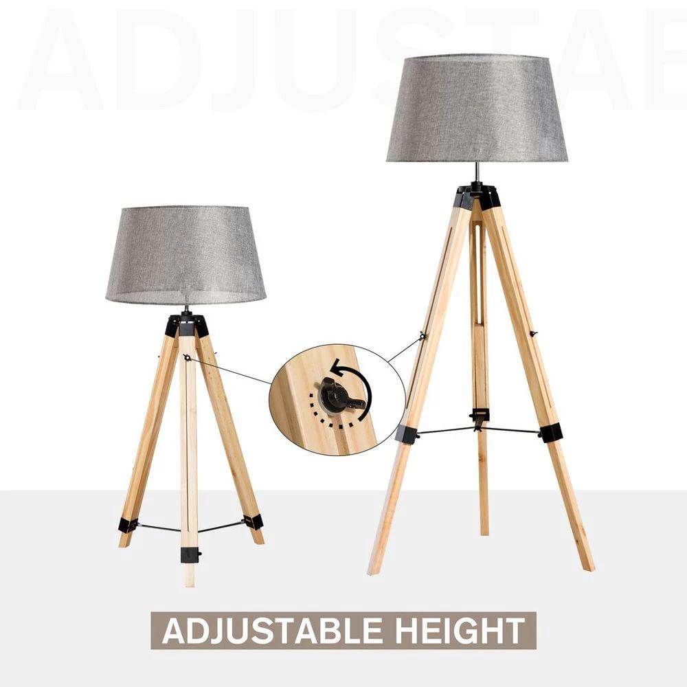 Tripod Floor Lamp w/ Linen Shade Pinewood Legs Adjustable Height Grey by HOMCOM