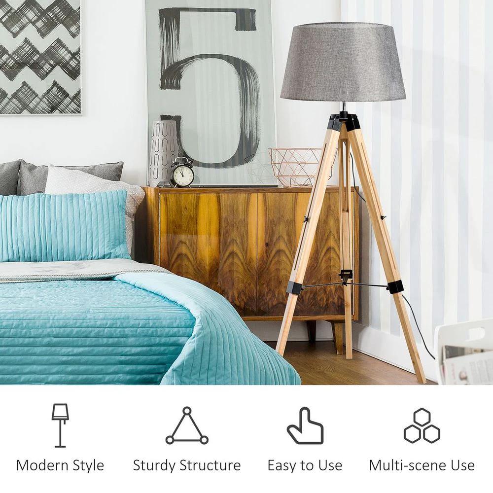 Tripod Floor Lamp w/ Linen Shade Pinewood Legs Adjustable Height Grey by HOMCOM