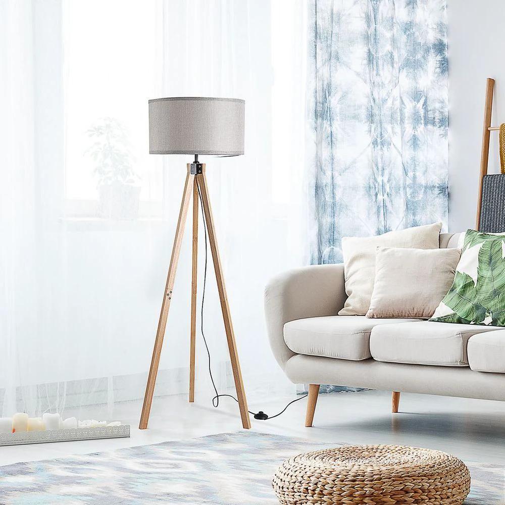Wood Tripod Floor Lamp Home Lighting Elegant E27 Bulb Linen Shade Grey by HOMCOM