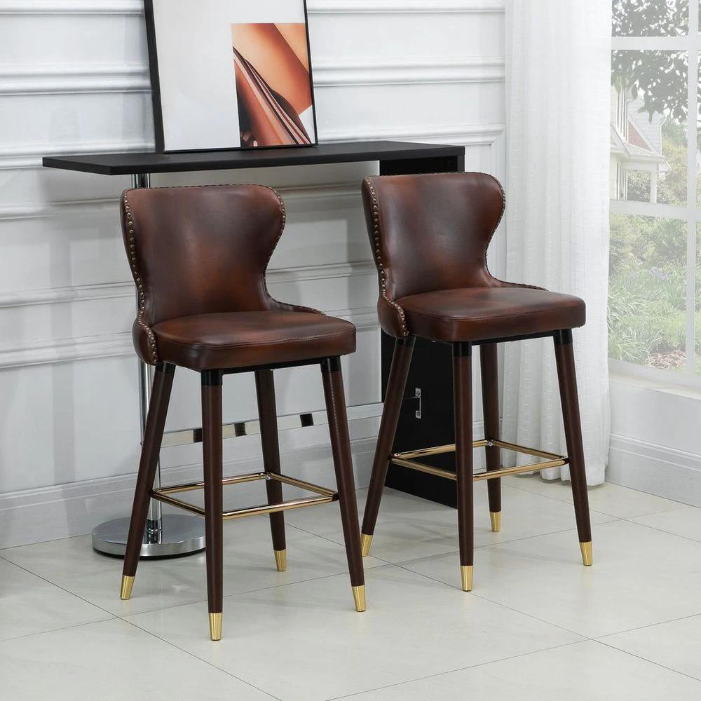 2 Pieces Homcom Home Luxury Bar Chair Stool, PU Leather European Style, Brown by HOMCOM