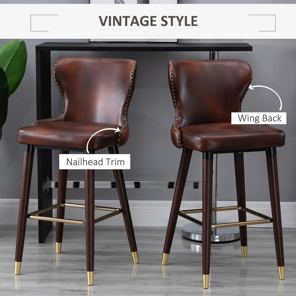 2 Pieces Homcom Home Luxury Bar Chair Stool, PU Leather European Style, Brown by HOMCOM