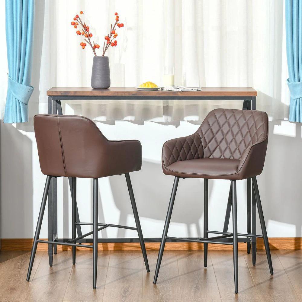 HOMCOM Set Of 2 Retro PU Leather Bar Chairs Set Stylish w/ Footrest Metal Frame - Uncategorized Leather Chairs