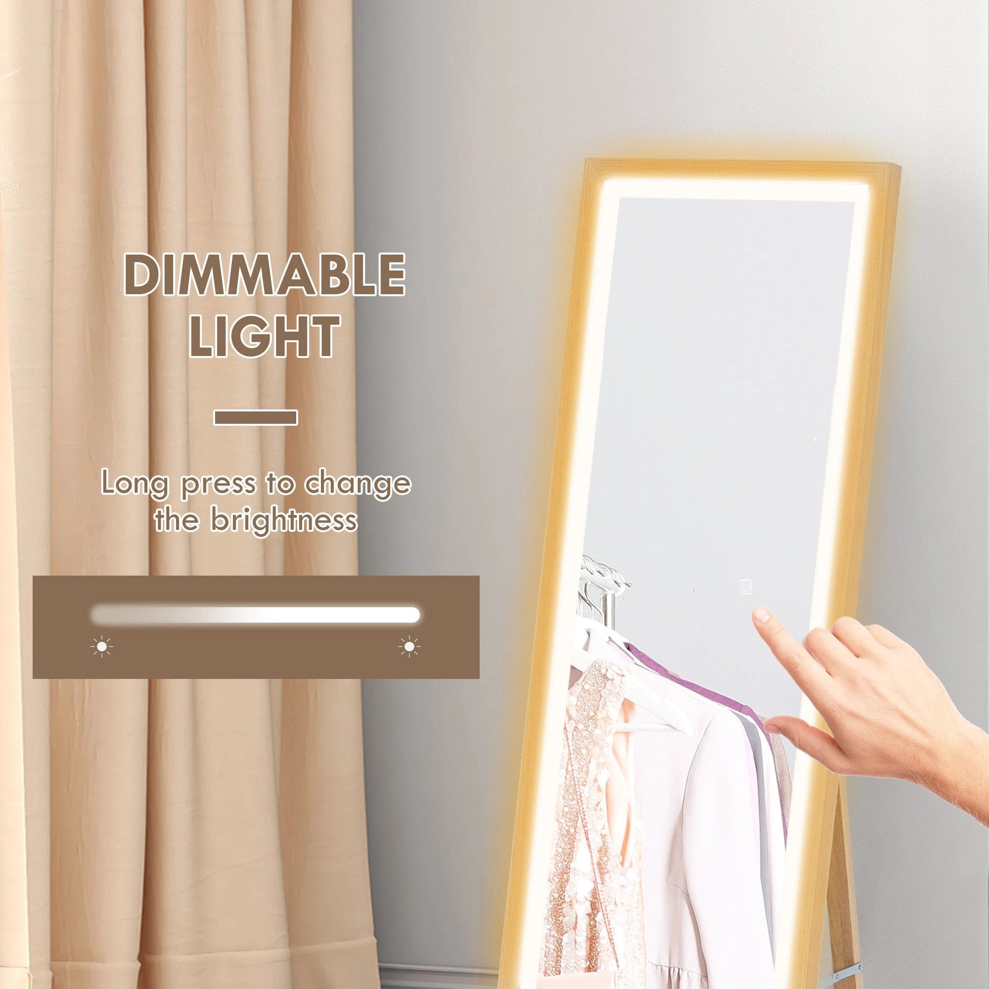HOMCOM Dimming Full Length Mirror w/ Lights Standing Leaning Wall Mount Oak by HOMCOM
