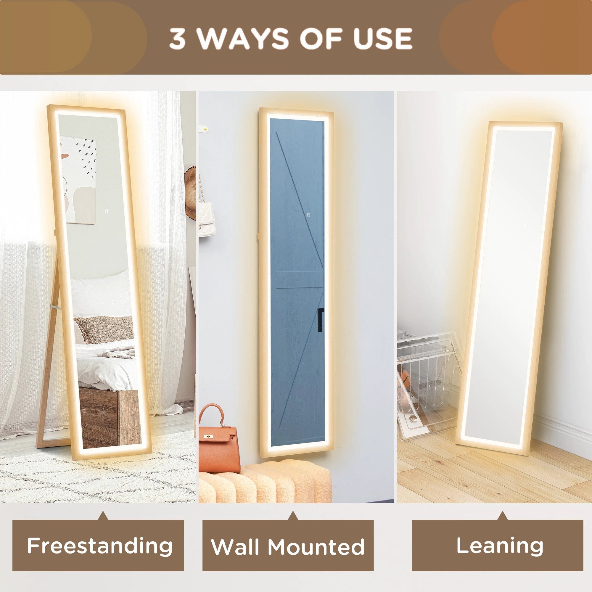 HOMCOM Dimming Full Length Mirror w/ Lights Standing Leaning Wall Mount Oak by HOMCOM
