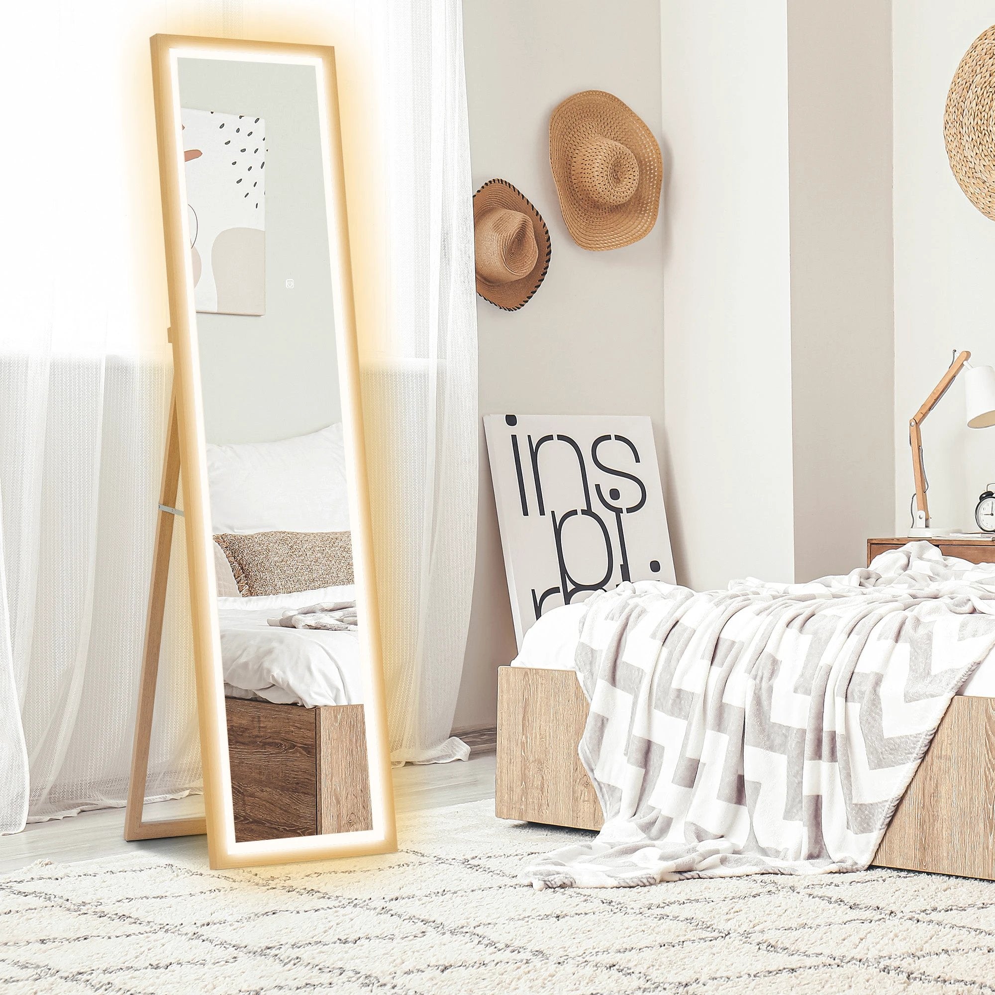 HOMCOM Dimming Full Length Mirror w/ Lights Standing Leaning Wall Mount Oak by HOMCOM