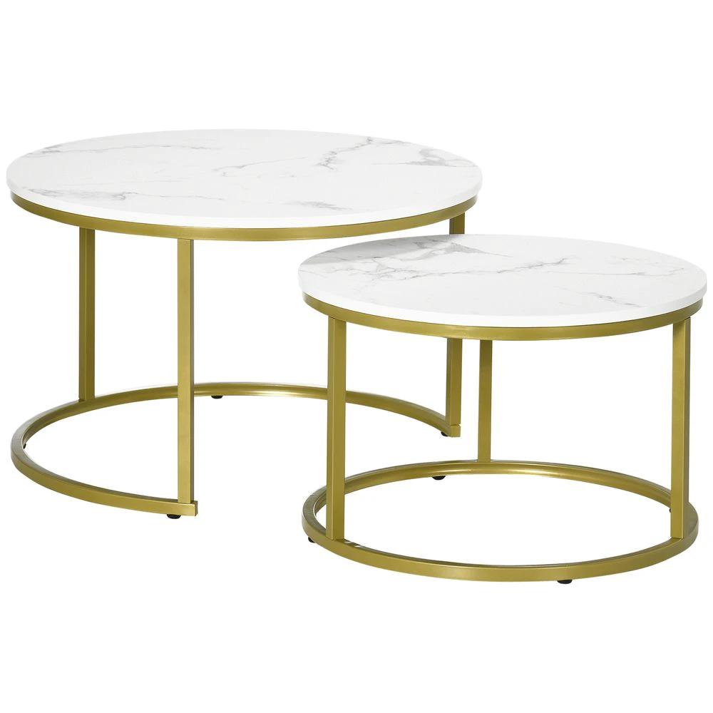 Marble Coffee Table Set of 2, Round Nest of Tables for Living Room by HOMCOM