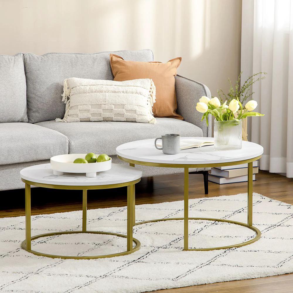 Marble Coffee Table Set of 2, Round Nest of Tables for Living Room by HOMCOM