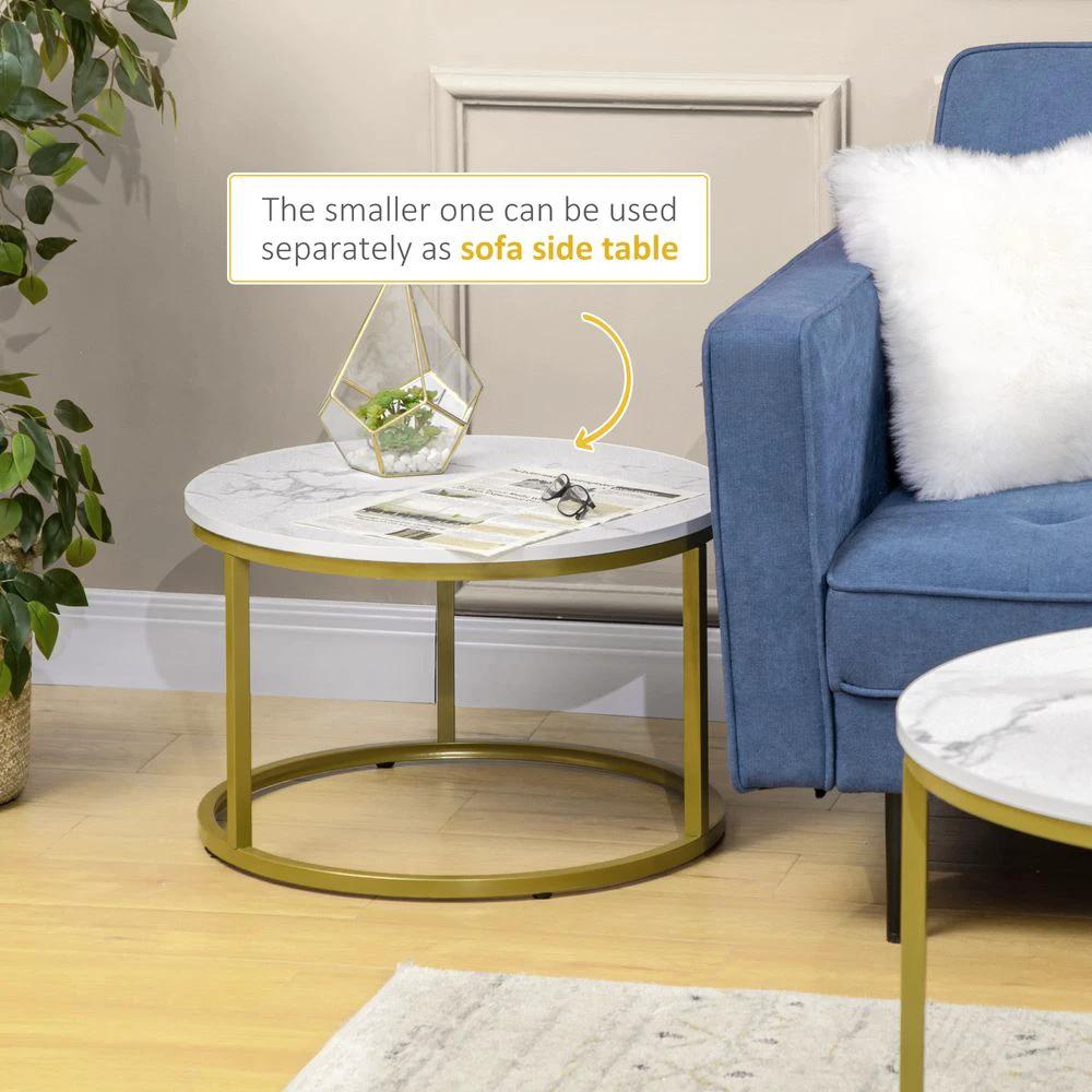 Marble Coffee Table Set of 2, Round Nest of Tables for Living Room by HOMCOM
