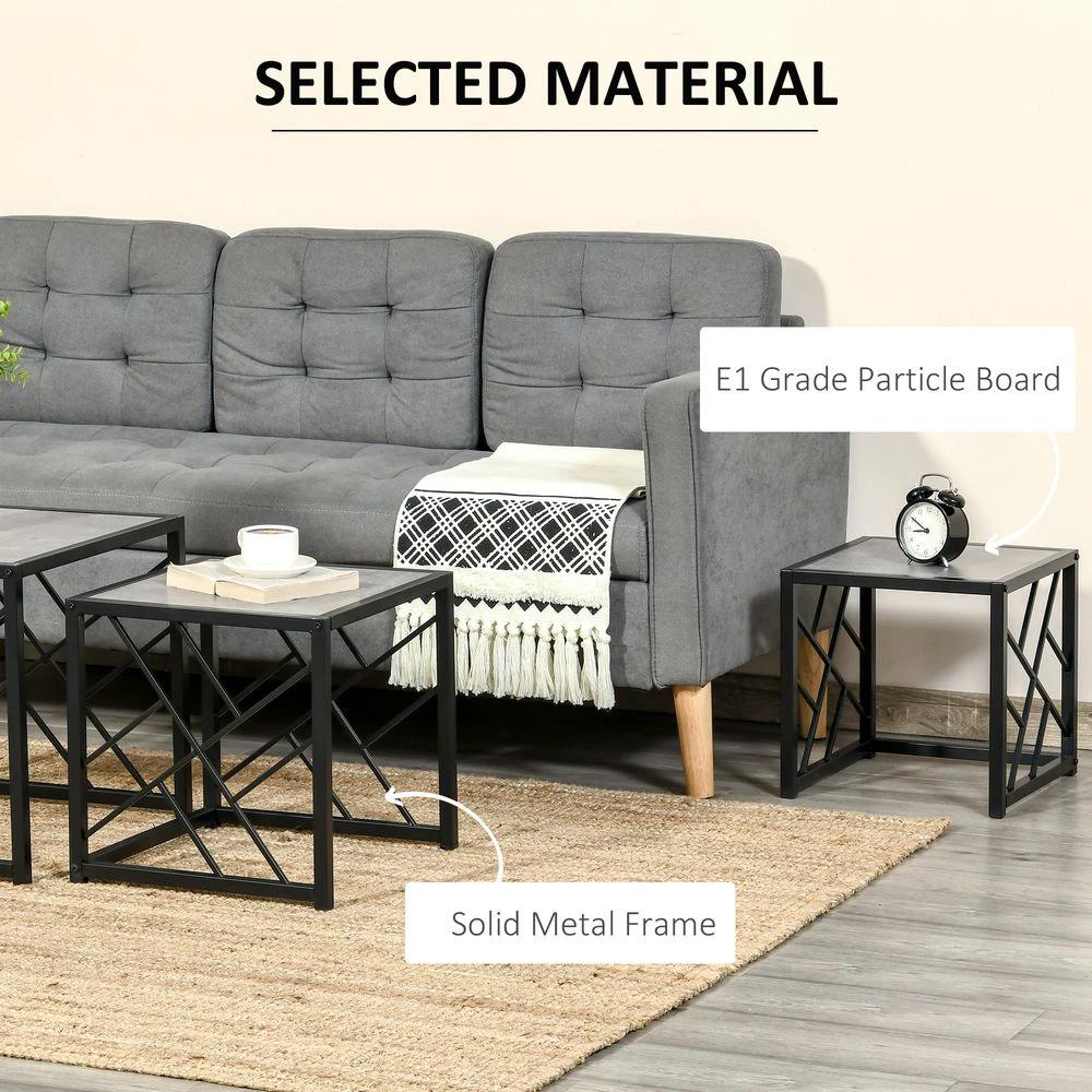 Set of 3 Nesting Coffee Tables Square End Tables w/ Metal Frame, Grey by HOMCOM