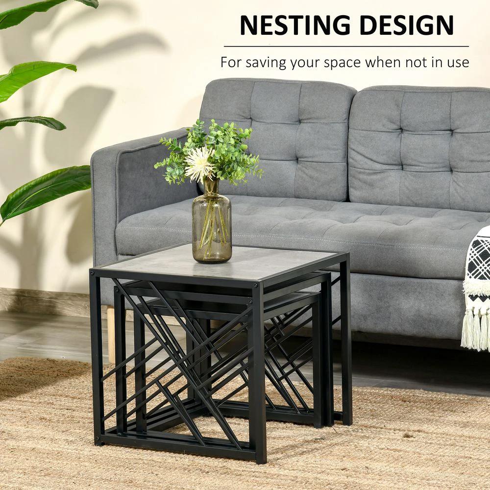 Set of 3 Nesting Coffee Tables Square End Tables w/ Metal Frame, Grey by HOMCOM