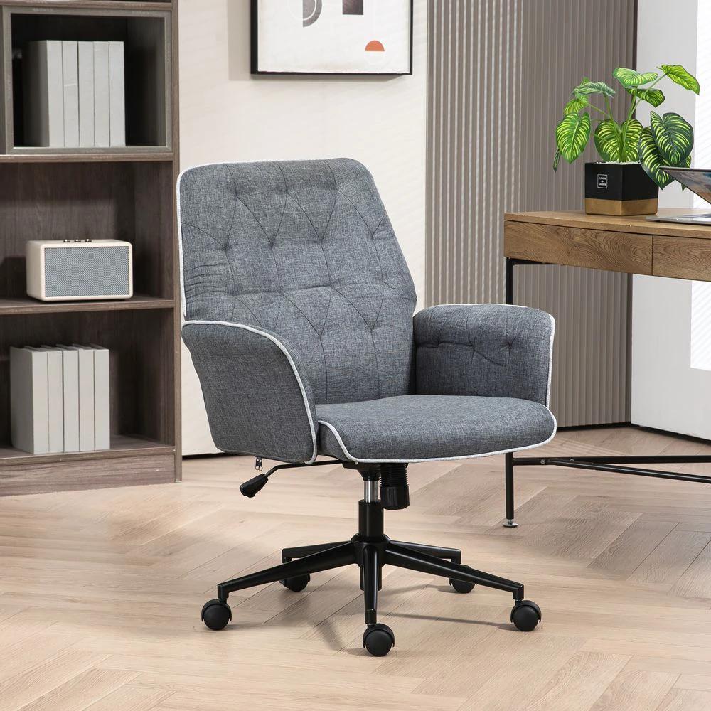HOMCOM Office Chair Task Adjustable Height Mid Back Armrest Tilt Linen Grey by HOMCOM