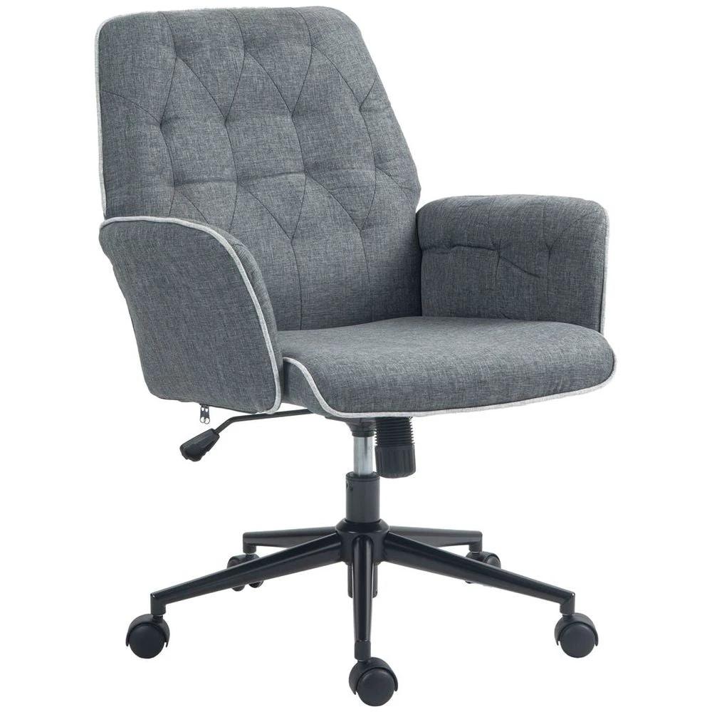 HOMCOM Office Chair Task Adjustable Height Mid Back Armrest Tilt Linen Grey by HOMCOM