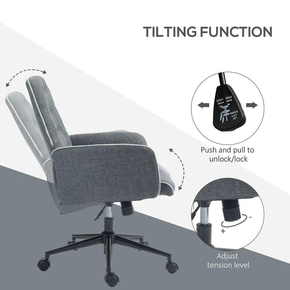 HOMCOM Office Chair Task Adjustable Height Mid Back Armrest Tilt Linen Grey by HOMCOM