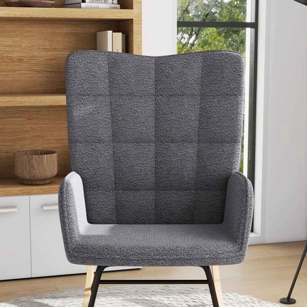 HOMCOM Wingback Rocking Chair for Nursing w/ Steel Frame and Wooden Base Grey by HOMCOM