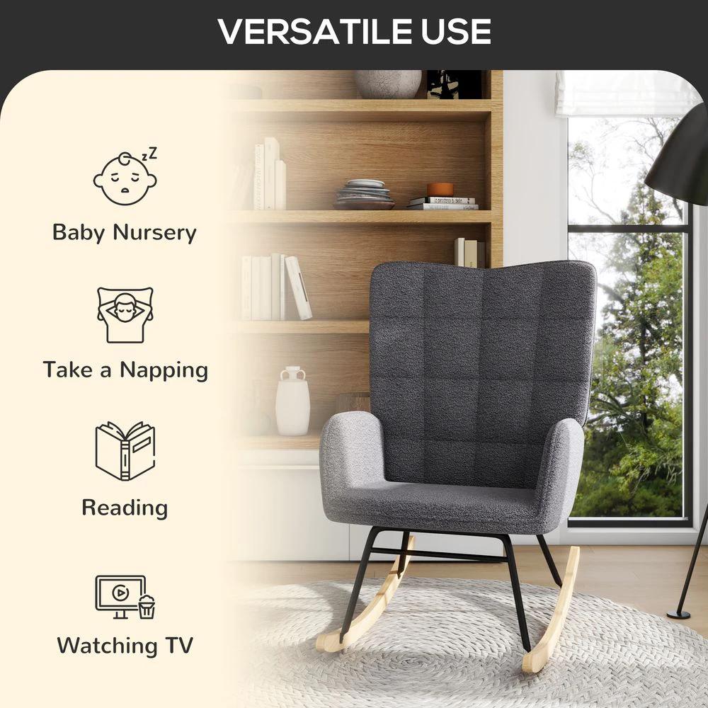 HOMCOM Wingback Rocking Chair for Nursing w/ Steel Frame and Wooden Base Grey by HOMCOM