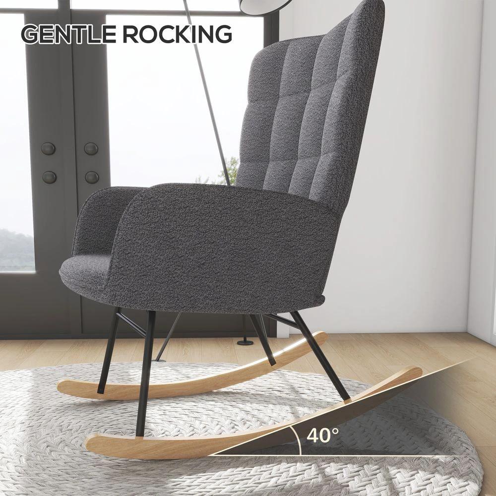 HOMCOM HOMCOM Wingback Rocking Chair for Nursing w/ Steel Frame and Wooden Base Grey - Office Chair