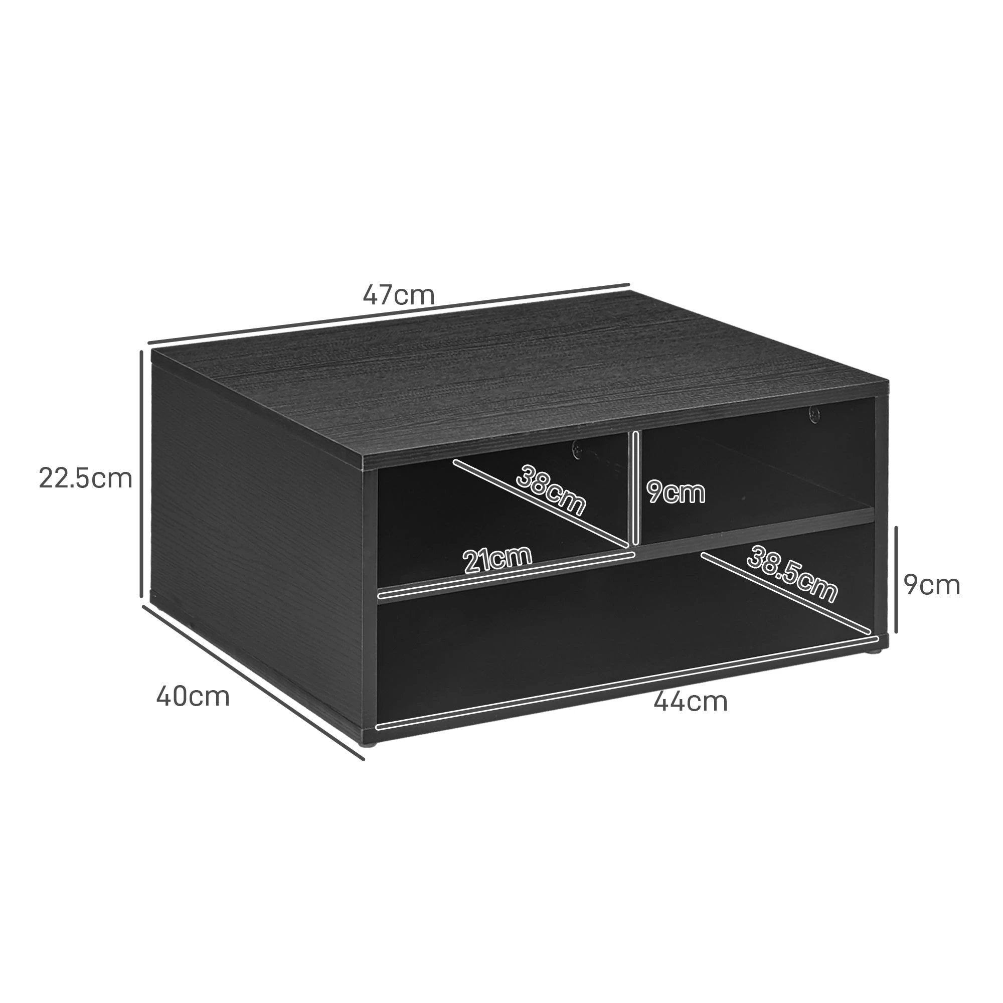 HOMCOM Desktop Printer Stand with 3 Open Compartments, Desk Organiser, Black by HOMCOM