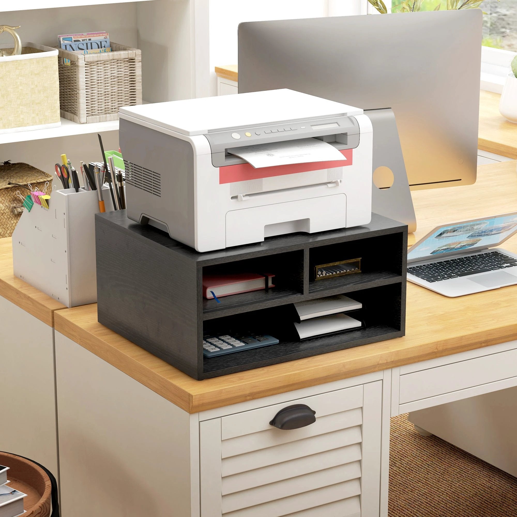 HOMCOM Desktop Printer Stand with 3 Open Compartments, Desk Organiser, Black by HOMCOM