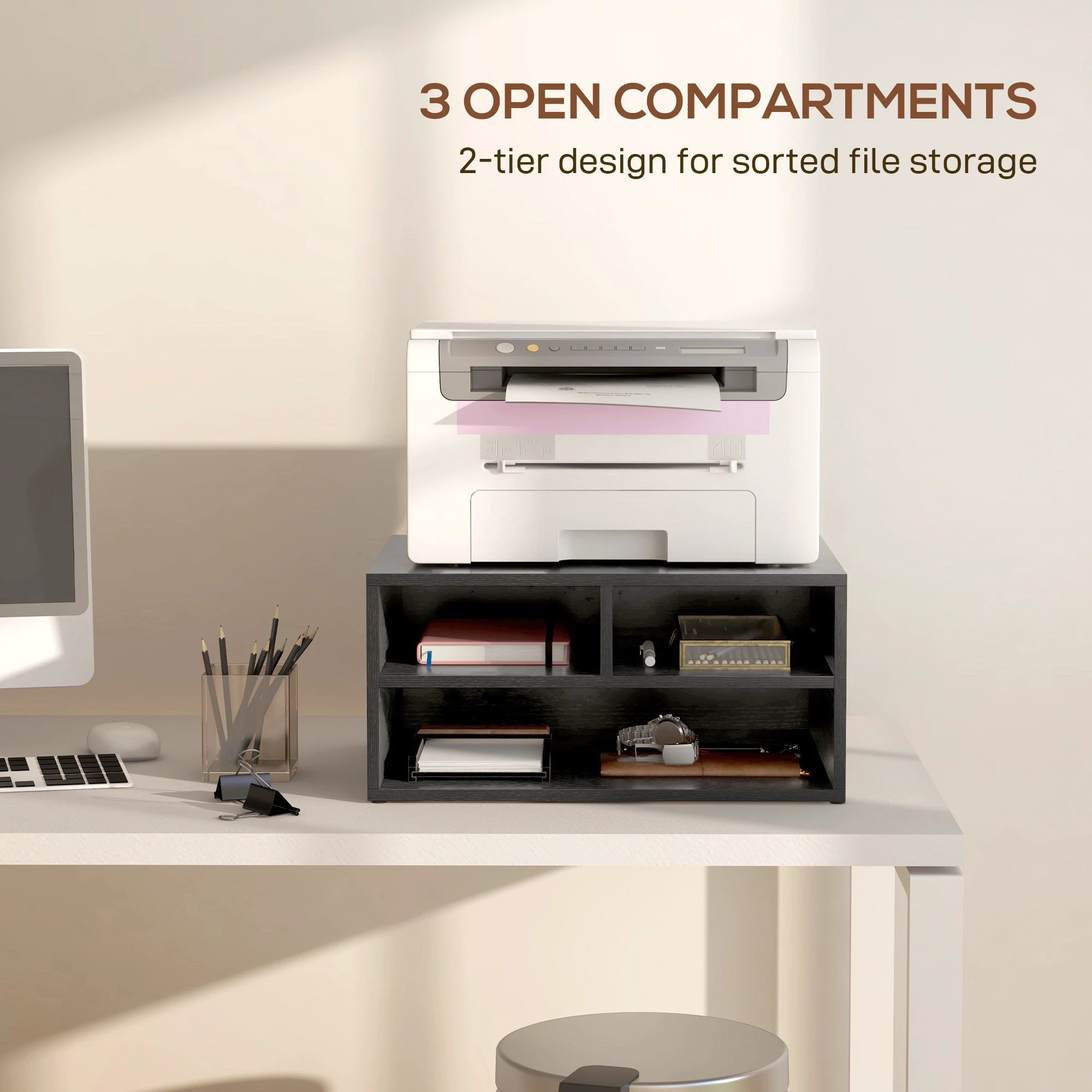 HOMCOM Desktop Printer Stand with 3 Open Compartments, Desk Organiser, Black by HOMCOM