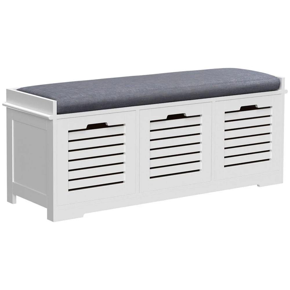 3-Door Homcom Shoe Storage Bench Cushion Seat Slatted Doors Elevated Base White by HOMCOM