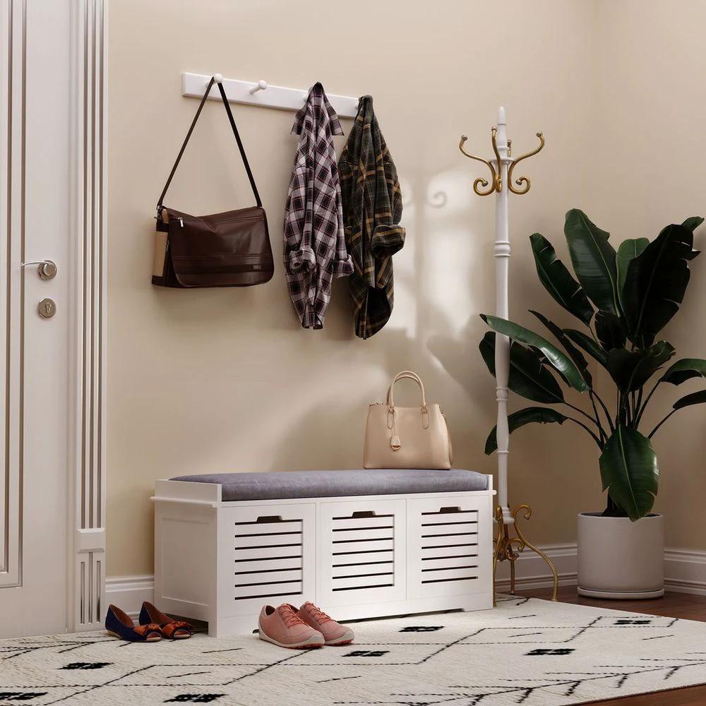 3-Door Homcom Shoe Storage Bench Cushion Seat Slatted Doors Elevated Base White by HOMCOM