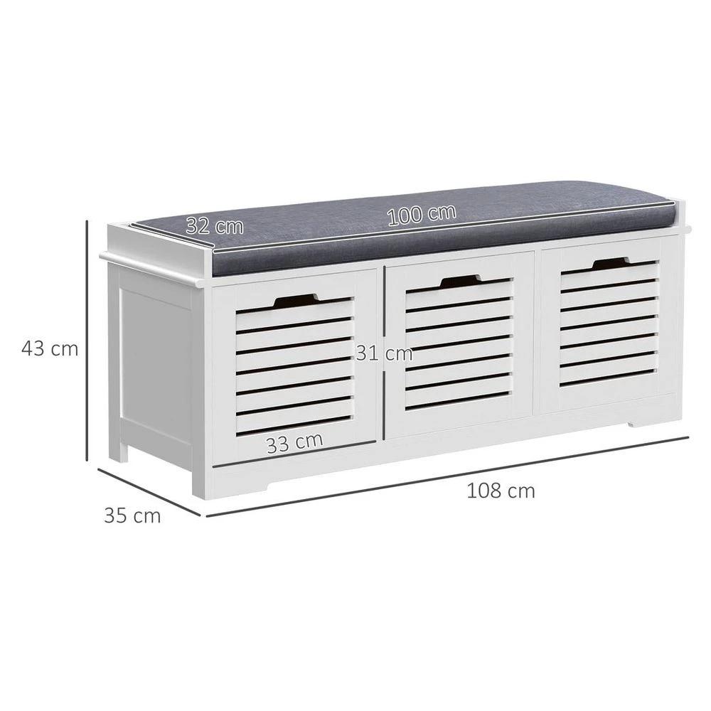 3-Door Homcom Shoe Storage Bench Cushion Seat Slatted Doors Elevated Base White by HOMCOM