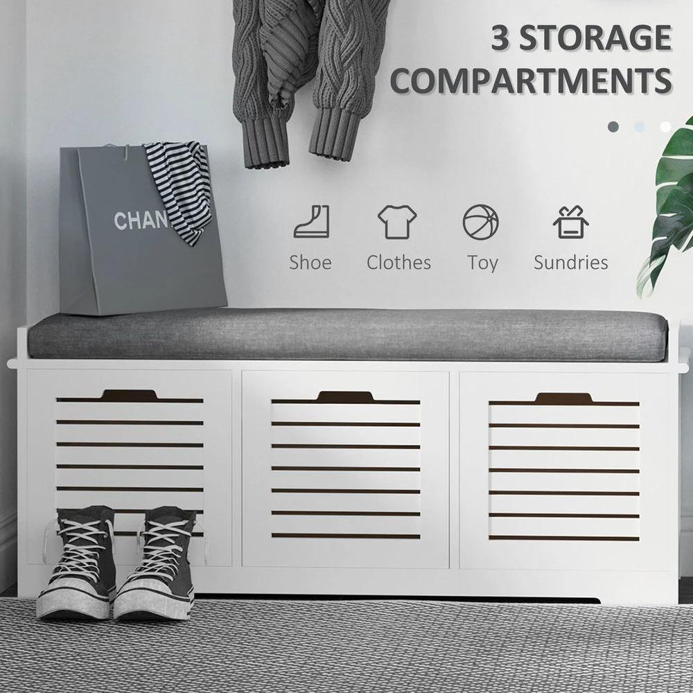3-Door Homcom Shoe Storage Bench Cushion Seat Slatted Doors Elevated Base White by HOMCOM