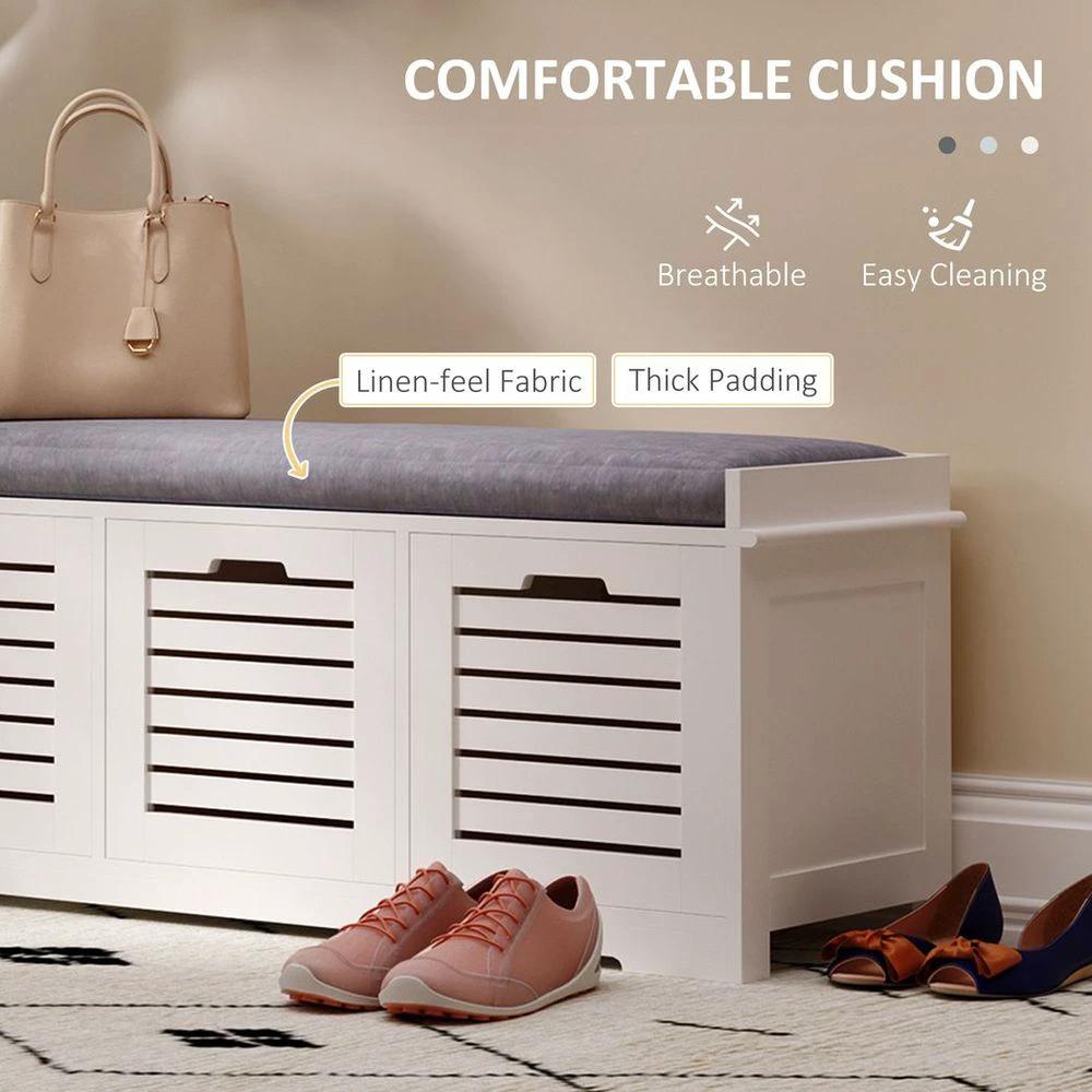 3-Door Homcom Shoe Storage Bench Cushion Seat Slatted Doors Elevated Base White by HOMCOM
