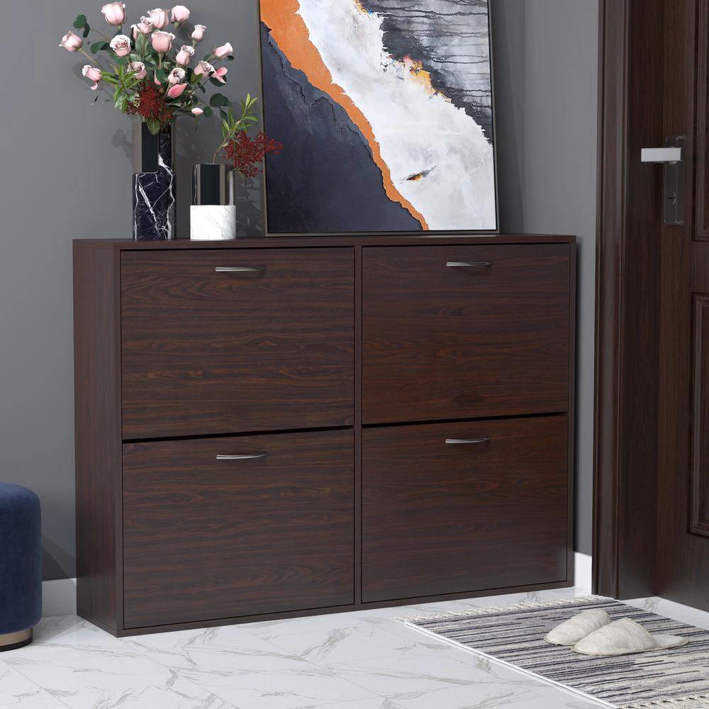 4 Drawer Shoes Cabinet Pull Down Shelf Storage Organiser Dark Brown by HOMCOM