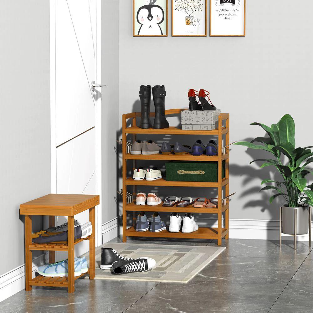 HOMCOM 5-Tier Shoe Rack Acacia Wood Shoe Storage Shelf Teak - Uncategorized Shoe Storage