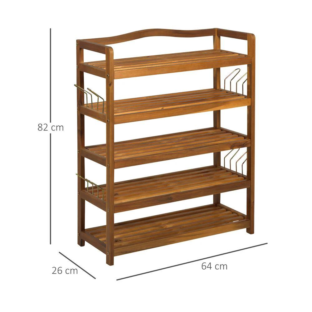HOMCOM 5-Tier Shoe Rack Acacia Wood Shoe Storage Shelf Teak - Uncategorized Shoe Storage