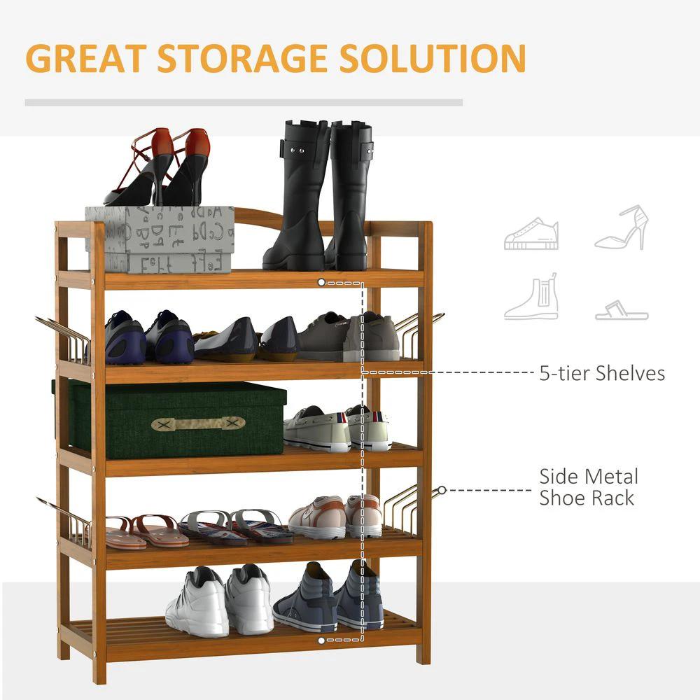 HOMCOM 5-Tier Shoe Rack Acacia Wood Shoe Storage Shelf Teak - Uncategorized Shoe Storage