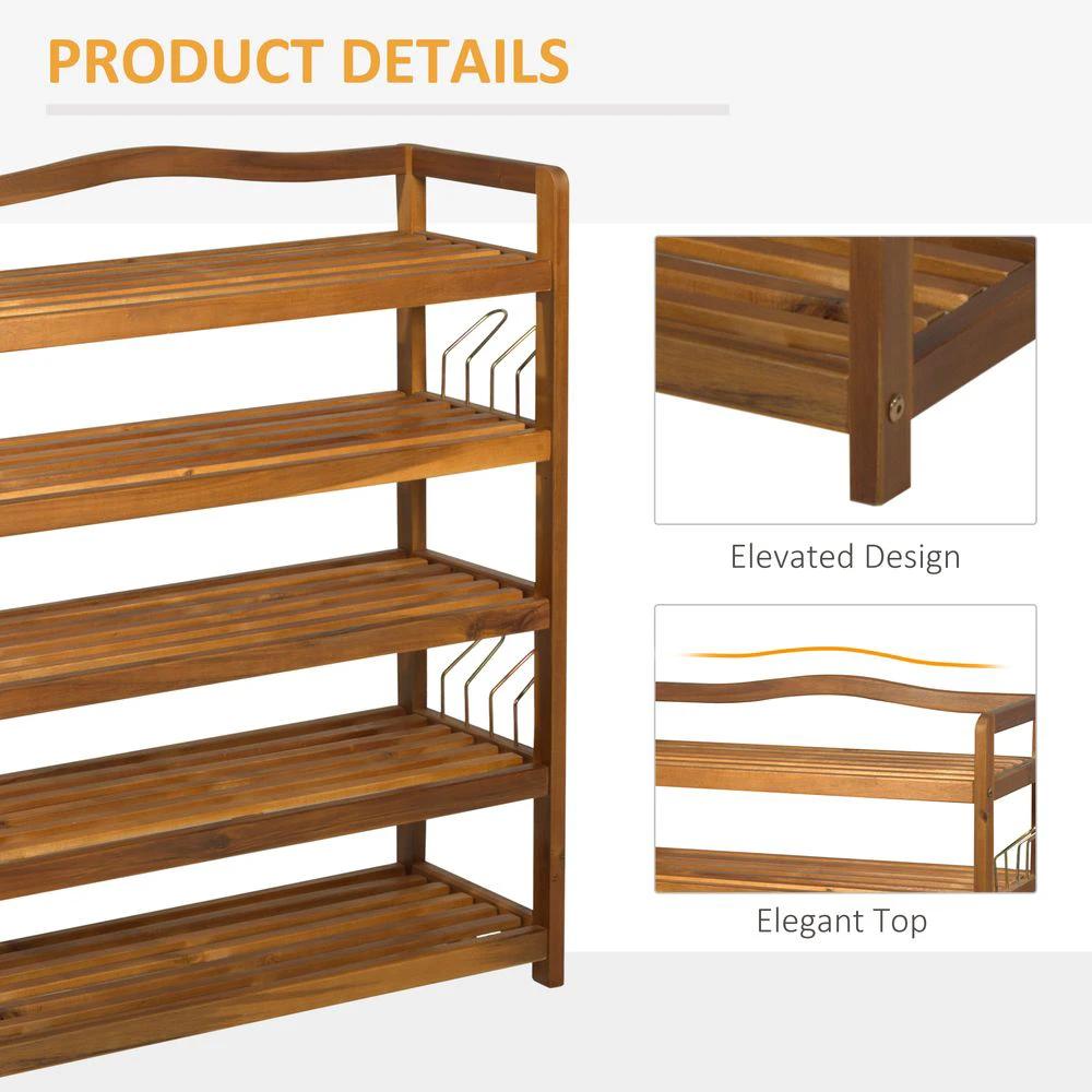HOMCOM 5-Tier Shoe Rack Acacia Wood Shoe Storage Shelf Teak - Uncategorized Shoe Storage