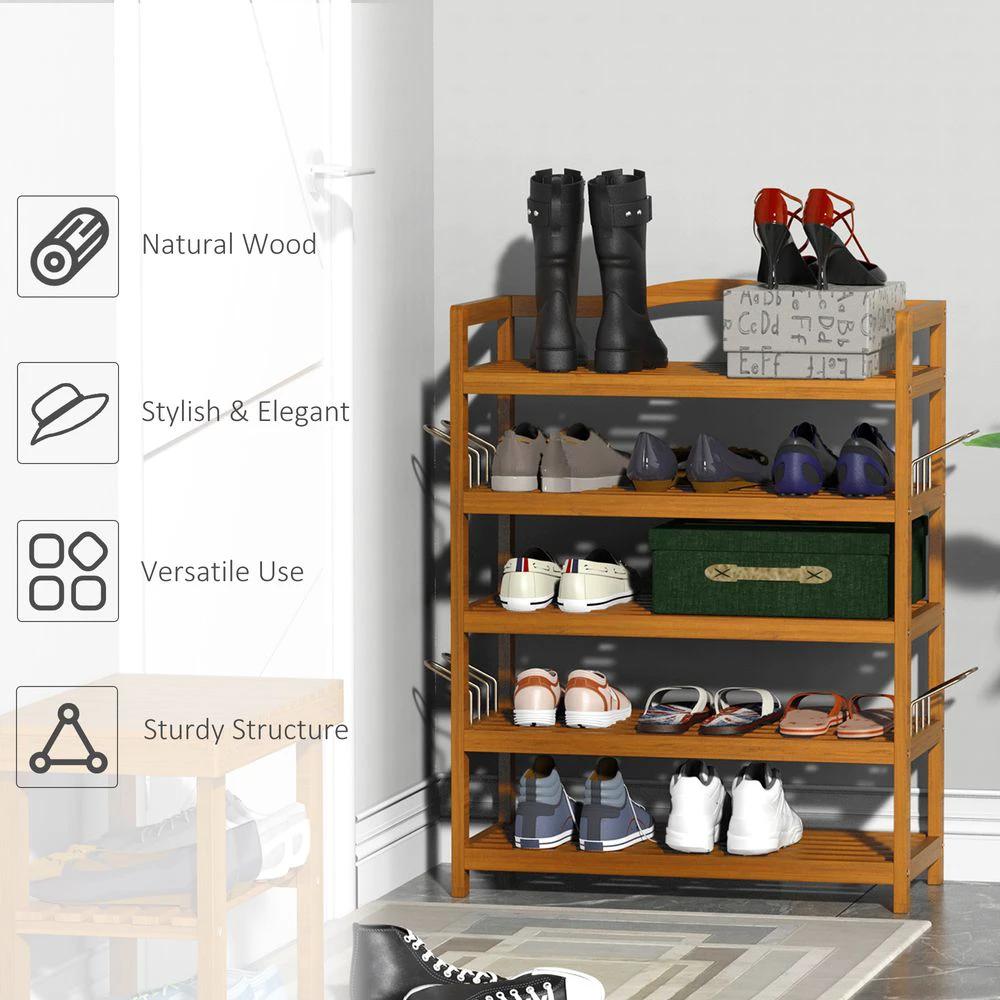 HOMCOM 5-Tier Shoe Rack Acacia Wood Shoe Storage Shelf Teak - Uncategorized Shoe Storage