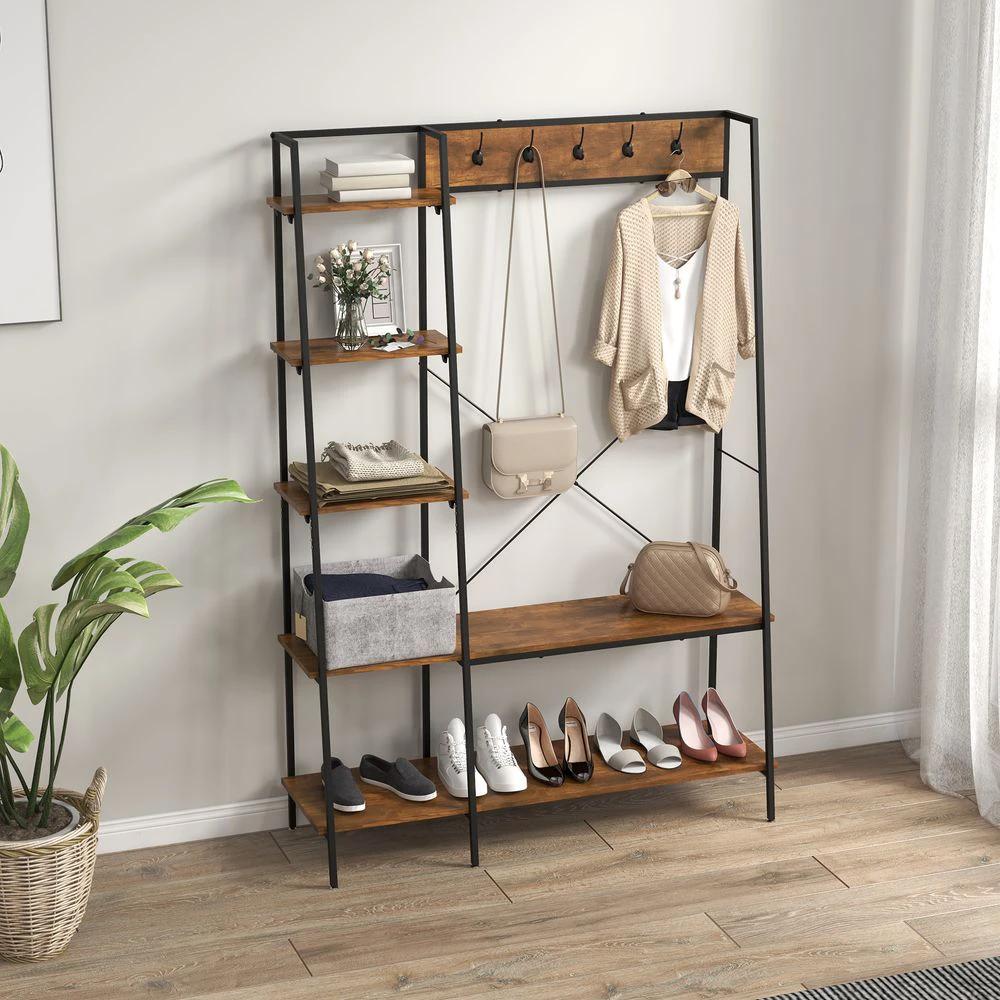 HOMCOM Coat Rack, Coat Stand with Shoe Storage, 5 Hooks for Hallway, Brown - Uncategorized Shoe Storage