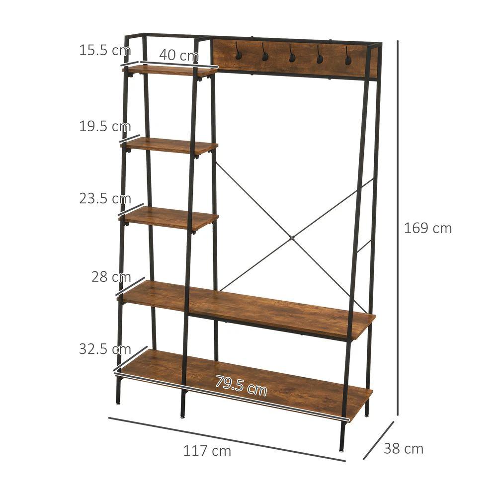HOMCOM Coat Rack, Coat Stand with Shoe Storage, 5 Hooks for Hallway, Brown - Uncategorized Shoe Storage