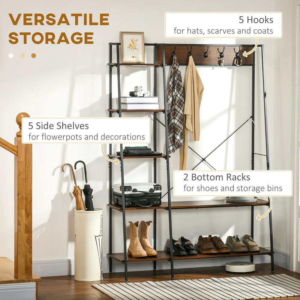 HOMCOM Coat Rack, Coat Stand with Shoe Storage, 5 Hooks for Hallway, Brown - Uncategorized Shoe Storage