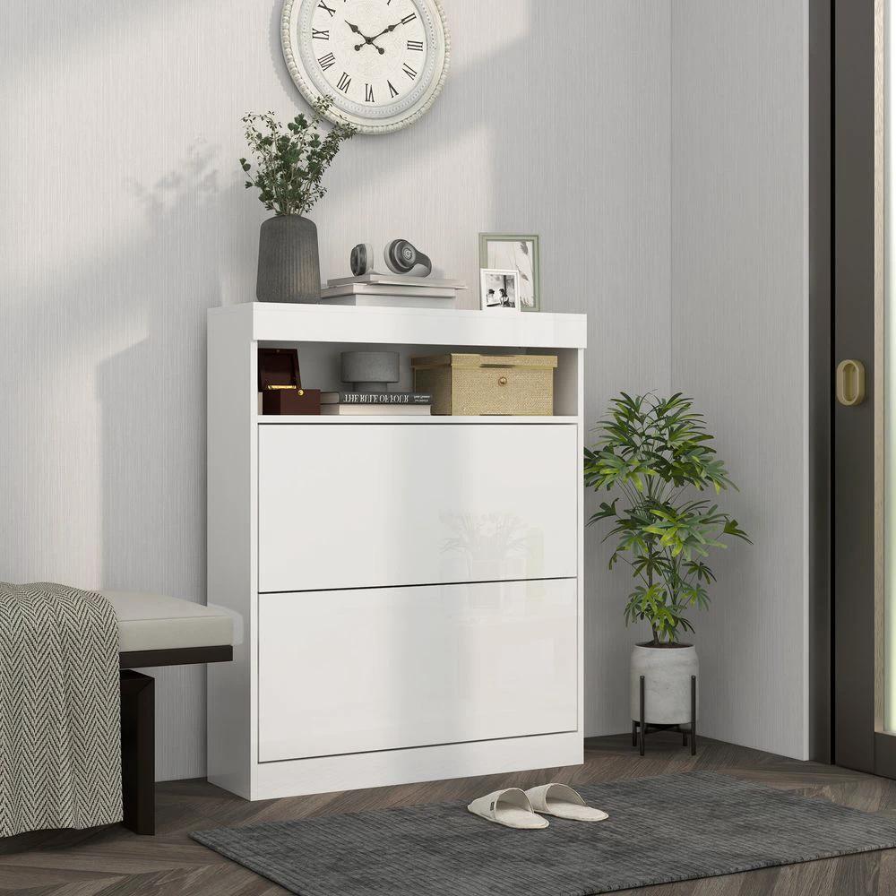 HOMCOM Wall Mounted or Freestanding Shoe Cabinet with 2 Flip Drawers, White - Shoe Storage