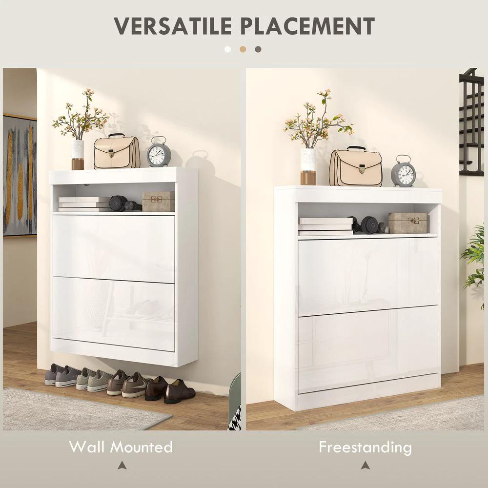 HOMCOM Wall Mounted or Freestanding Shoe Cabinet with 2 Flip Drawers, White - Shoe Storage