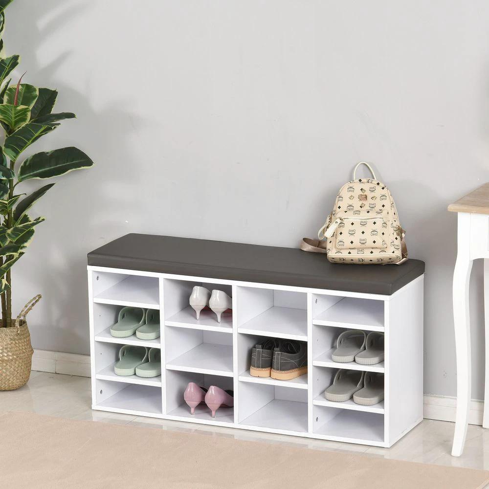 PU Leather 14-Compartment Shoe Storage Bench Brown/White by HOMCOM