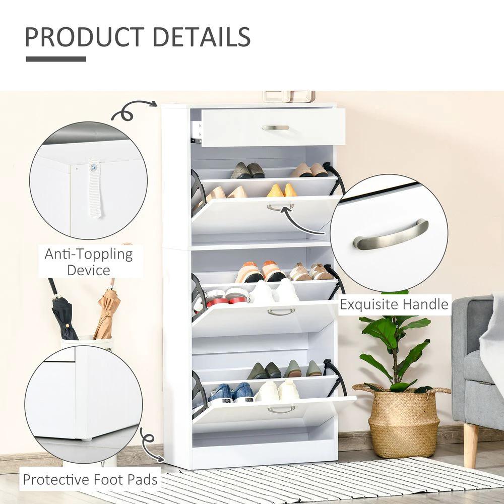 Shoe Cabinet 4 Drawers Storage with Flip Doors Shelves for 18 Pairs White by HOMCOM