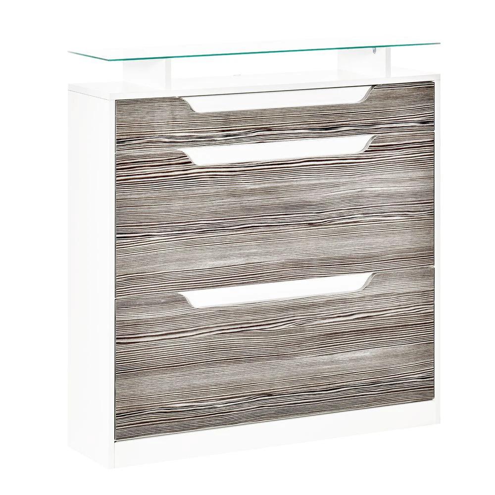 Shoe Cabinet w/ 3 Drawers High Gloss Storage Cupboard w/ Glass Top Grey by HOMCOM