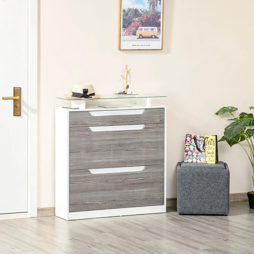 Shoe Cabinet w/ 3 Drawers High Gloss Storage Cupboard w/ Glass Top Grey by HOMCOM